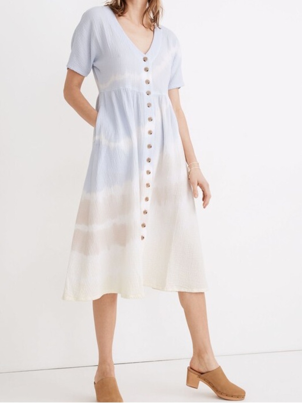 [S]Madewell Tie-Dye Button-Front V-Neck Midi Dress Light Blue Cream